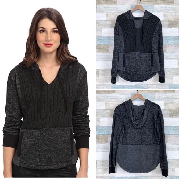 Sanctuary Cable Front French Terry Hoodie Sweatshirt Black Mixed Knit Womens XS - Picture 1 of 11